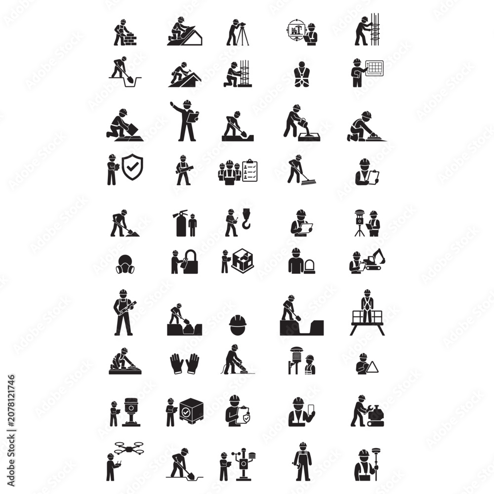 Obraz premium Construction Workforce Black Glyph Icon SetProfessional black glyph icon set featuring construction workforce concepts for engineering, industrial projects, and commercial building operations.