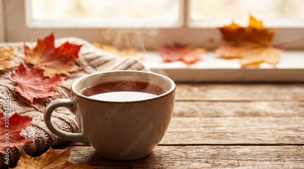 Fototapeta premium cozy autumn vibes, a steaming cup of tea surrounded by vibrant autumn leaves exudes warmth