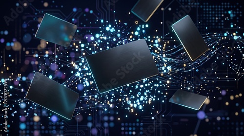 A futuristic abstract fintech background with floating sleek credit cards and glowing blue circuit board