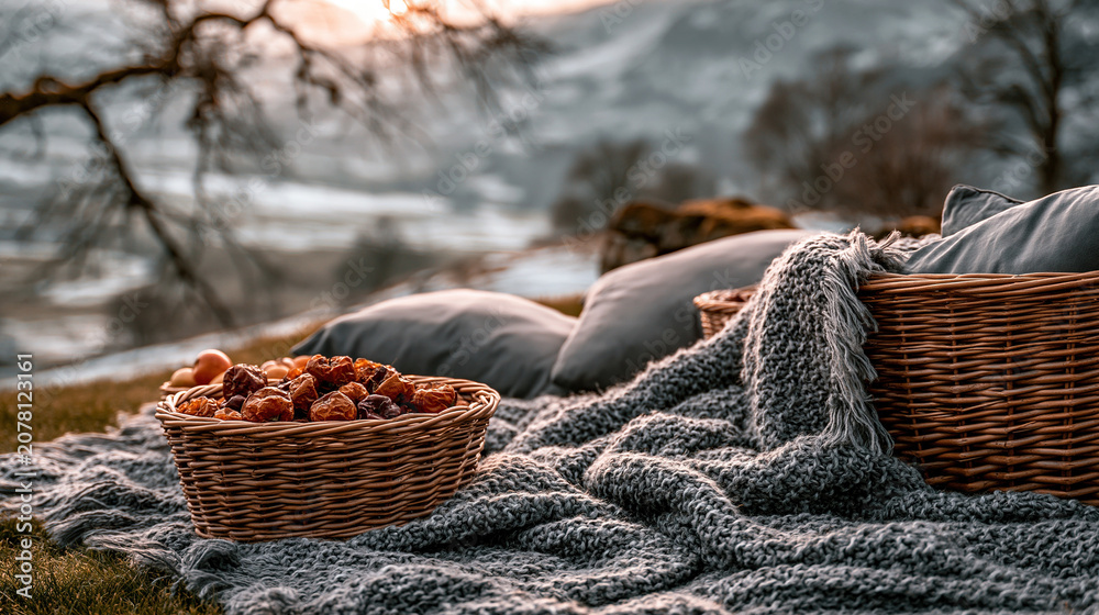 Obraz premium Cozy knit blanket with dried fruits on wicker baskets outdoors