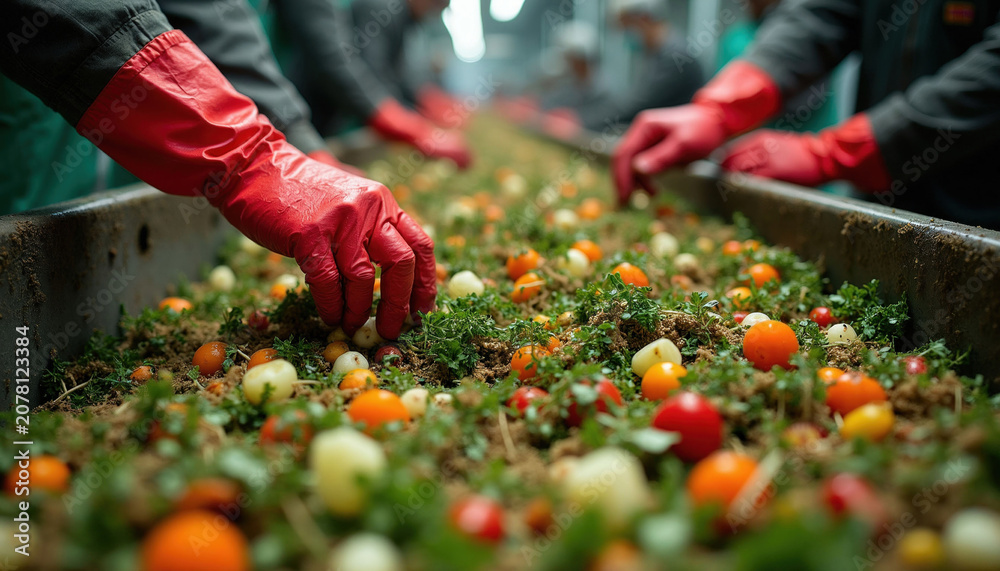 Fototapeta premium Workers in red gloves sort organic food waste in a plant for composting. Small tomatoes and greens mixed in soil. Sustainable recycling process at facility.