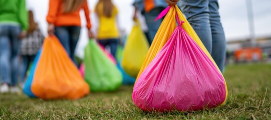 Volunteers collecting trash after football event with colorful bags outdoors