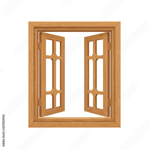 Open wooden window frame vector illustration isolated on white background