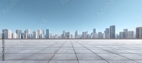 Panoramic view of a modern city skyline with skyscrapers and an empty tiled plaza in the foreground