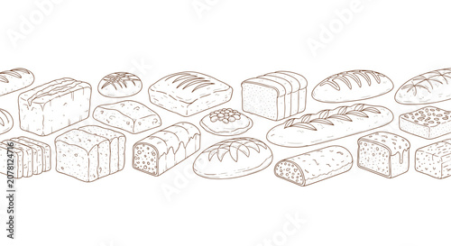 Seamless horizontal pattern featuring various types of hand drawn bread loaves in a simple outline style.