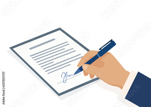 Business Hand Signing Contract Document With Pen, Agreement, Legal Paperwork, Signature Approval, Professional Authorization Illustration Isolated on Transparent Background.
