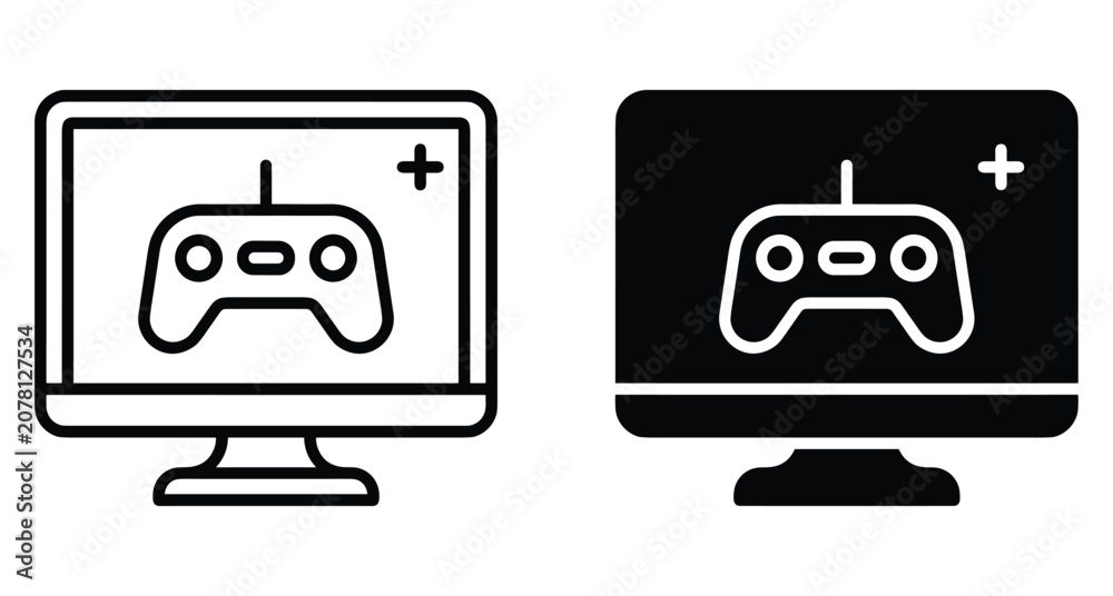 Fototapeta premium Computer monitor screen displaying a video game controller gamepad icon in outline and solid black styles for gaming interface design