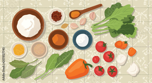 Overhead view of various fresh cooking ingredients like white flour, red tomatoes, orange peppers, green spinach, and spices.