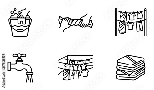 Laundry Icons Set: Washing, Wringing, Drying Clothes, Faucet, Stacked Laundry, Line Drying