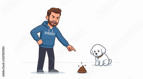 Potty Training Frustration with an Angry Dog Owner Scolding His Guilty Puppy for an Indoor Mess