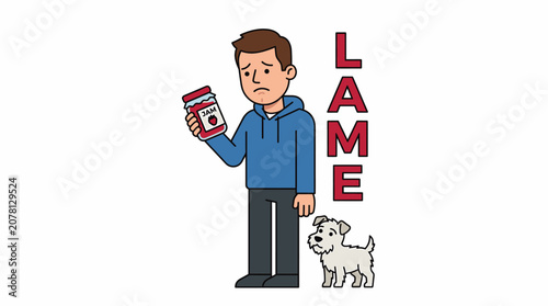 Disappointed Man in Hoodie Holding Jam Jar with Dog Illustrates a Lame or Failed Outcome