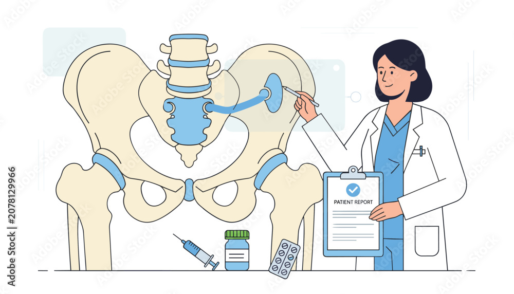 Fototapeta premium Orthopedic female doctor presenting hip joint pelvic bone skeletal anatomy alongside medicine and syringe.