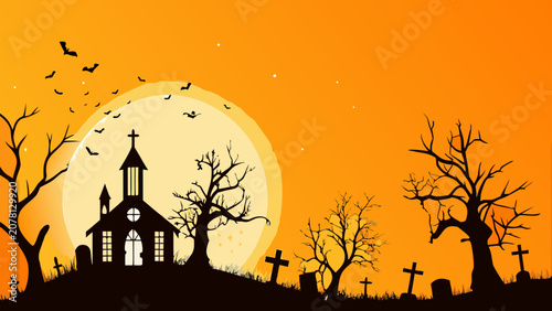 Schilderij op canvas Silhouette Of A Haunted Church And Bare Trees Against A Full Moon Orange Backgro