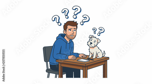 Confused Man and Dog Sit at Table with Question Marks over Their Heads Trying to Figure Out a Problem