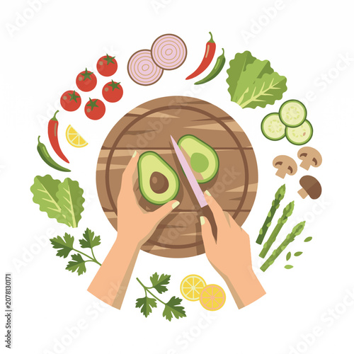 Birds eye view vector illustration of hands slicing avocado with fresh vegetables on cutting board