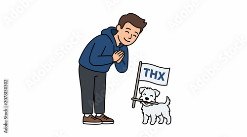 Gratitude Expression with a Polite Man Bowing and a Happy Dog Holding a Thx Thank You Flag