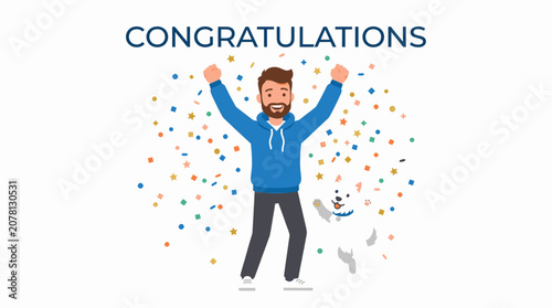 Celebrating Success with a Joyful Man and His Happy Dog Surrounded by Colorful Falling Confetti