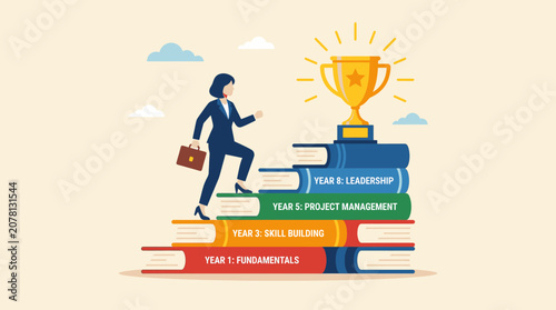 Career Development Pathway with Businesswoman Climbing Books Towards Success and Leadership Trophy
