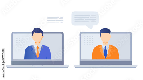 Canvastavla Two Laptops Displaying People In Suits With Speech Bubble Flat Vector Illustrati