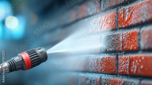 High-Pressure Washing to Remove Algae from a Brick Wall Surface