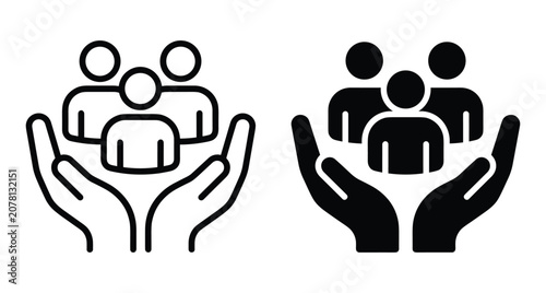 Hands holding group of people icon set representing community care protection social support insurance human resources teamwork and family welfare