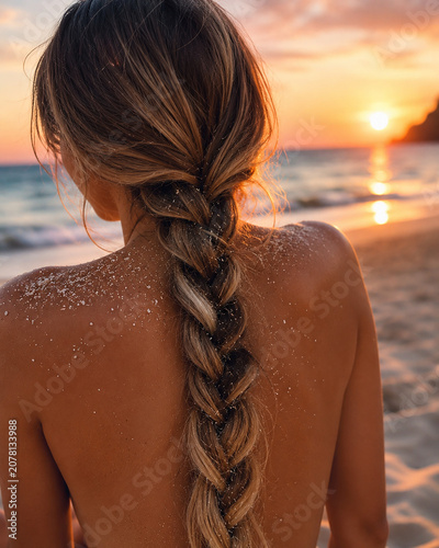 Rückansicht einer jungen Frau mit langem Zopf am Sandstrand bei Sonnenuntergang. Sommerliches Lifestyle-Motiv zu Urlaub, Freiheit, Meer, Strand, Natur, Entspannung und Fernweh.