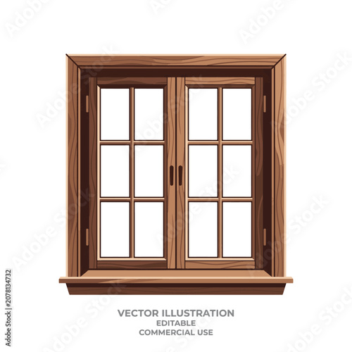 Closed wooden window frame vector illustration isolated on white background