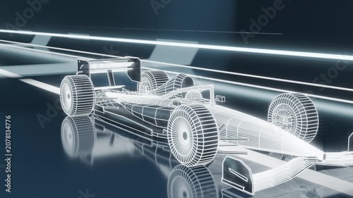 Gliding wireframe openwheel racer revealing geometry across shiny floor, dolly starting light bands