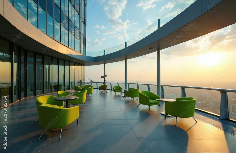 Fototapeta premium Rooftop observation deck on skyscraper at sunset. Modern lounge area with green chairs offers city panorama view. People can relax and watch sky telescope and clouds.