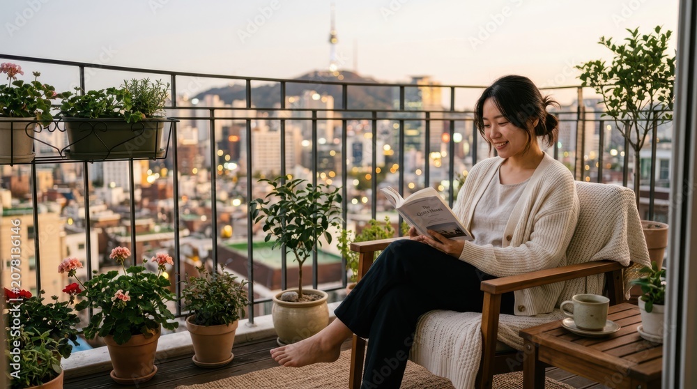 Obraz premium Young woman enjoys reading a book on a balcony with a city view at sunset