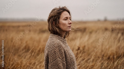 A thoughtful woman wearing a warm knitted sweater stands in a vast, dry golden meadow, looking into the distance on a moody, overcast autumn day.