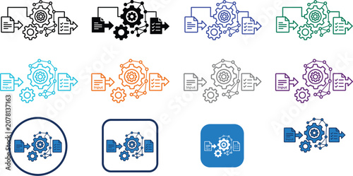 Photos Data management workflow icon set with document input converting through mechani