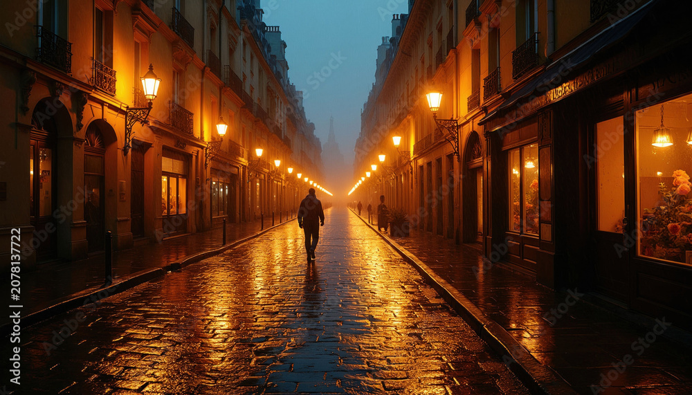 Fototapeta premium Wet cobblestone street reflects warm lamplight in dusk fog. Lone man walks down European city lane. Ornate buildings line avenue, shop windows glow invitingly.