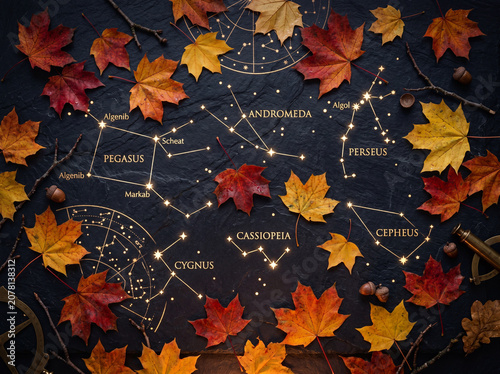 Autumn Constellation Map with Maple Leaves and October Night Sky Chart