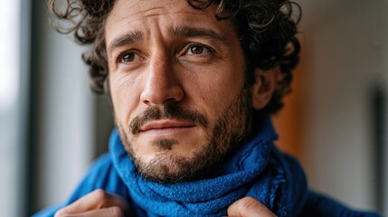 French football fan adjusting blue scarf before game in hallway