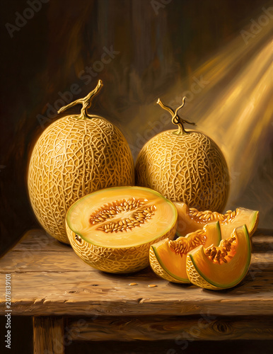 melon, fresh summer fruits, graphic image, artificial intelligence generator, AI, neural network image. background for the design