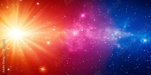Fotografie A vibrant nebula explodes with light and color, radiating outwards from a brilliant star, creating a stunning visual representation of cosmic wonder and universal energy