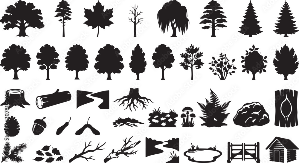 Fototapeta premium Black silhouette icons of trees plants and forest elements on white background