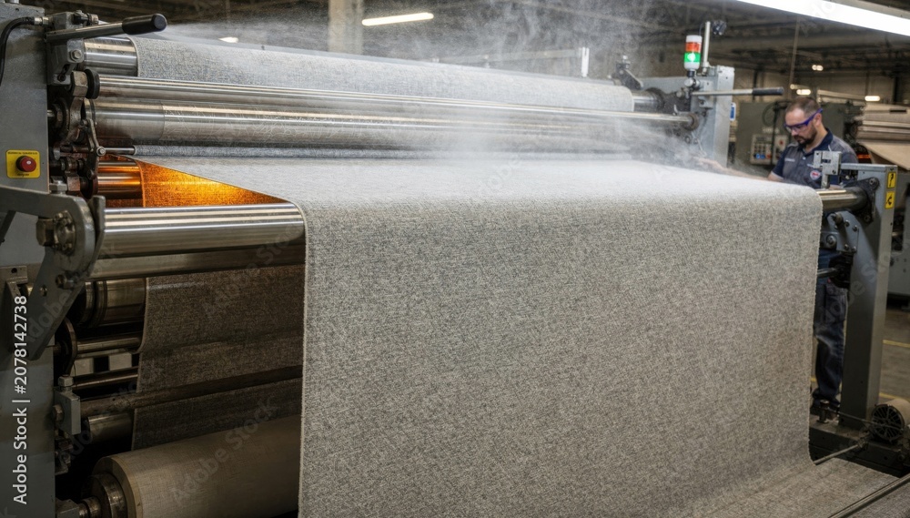 Obraz premium Hospitality seating fabric undergoing soilrelease finishing on a commercial upholstery line