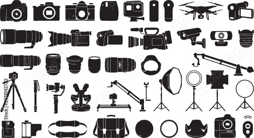Fotografie Black and white photography icons set vector