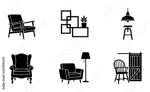 Modern Furniture Icons, Interior Design Elements, Home Decor Vector Set, Living Room Objects