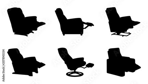 Recliner Chair Silhouettes, Furniture Icons Set, Comfort Seating Vector Collection