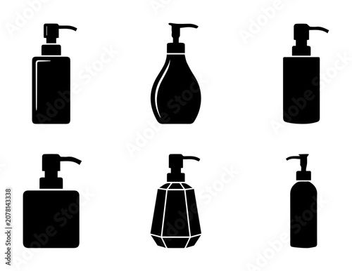 Black Silhouette Pump Bottles, Skincare Dispenser Icons, Cosmetic Packaging Vector Set