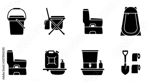 Portable Toilet Icons, Camping Gear Set, Outdoor Sanitation, Travel Essentials Collection