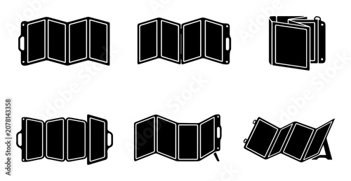Foldable Solar Panel Icons, Portable Energy Device Illustrations, Camping Power Set