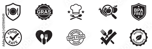 Food safety and natural quality badges and labels. Safe grade, GRAS, BPA free and organic ingredient symbols. Vector illustration.