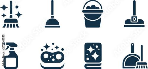 Foto Cleaning tools icons, janitorial equipment, home cleaning supplies, housekeeping