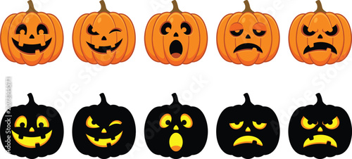 Happy halloween pumpkin silhouette faces