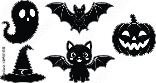 Happy halloween silhouette icons set including ghost bat cat pumpkin and witch hat.