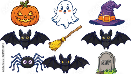 Happy halloween cartoon set jack o' lantern ghost bats spider witch elements.